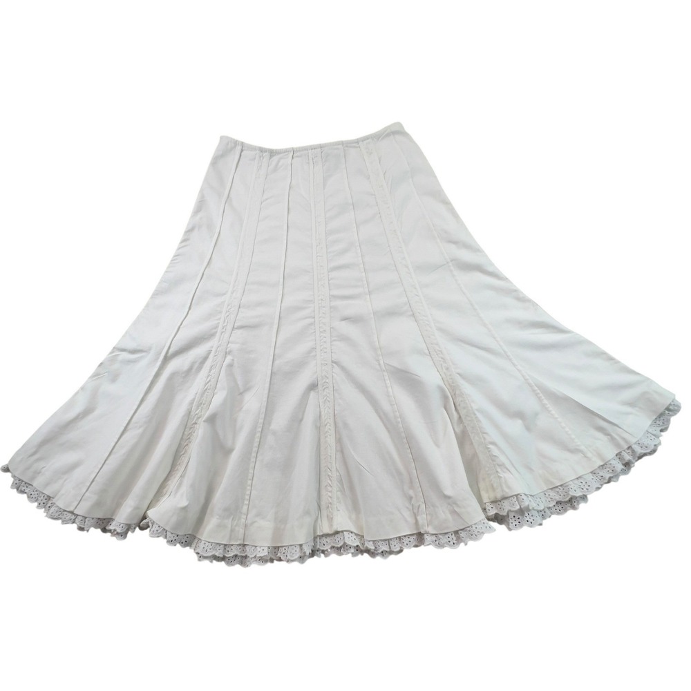 Intuitions Womens 12 White Linen Blend Maxi Skirt Eyelet Lace Trim Boho Fairy - Picture 5 of 13